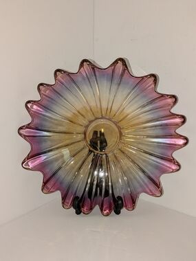 Vintage Rainbow Iridescent Federal Glass Bowl Celestial Starburst 11" W 1960’s